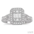 3/4 Ctw Wide Octagonal Mount Round Cut and Baguette Fusion Diamond Ring in 14K White Gold