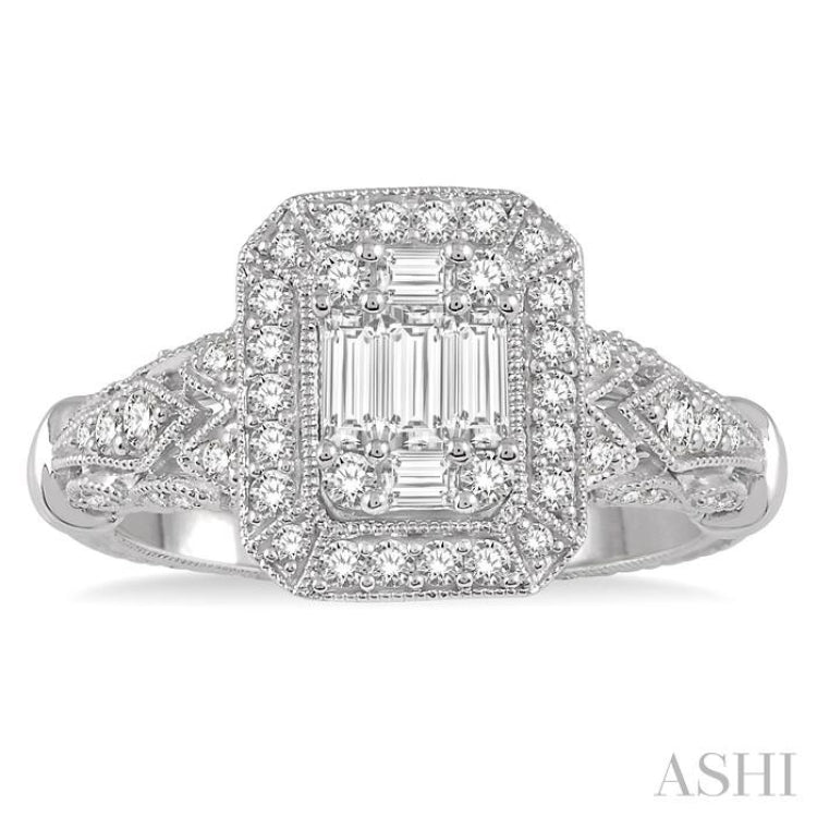 3/4 Ctw Wide Octagonal Mount Round Cut and Baguette Fusion Diamond Ring in 14K White Gold
