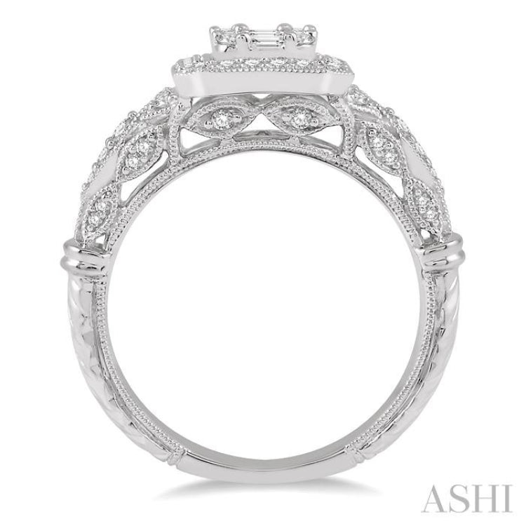 3/4 Ctw Wide Octagonal Mount Round Cut and Baguette Fusion Diamond Ring in 14K White Gold