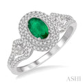 1/3 Ctw Oval Shape 6x4 MM Emerald & Round Cut Diamond Precious Ring in 14K White Gold
