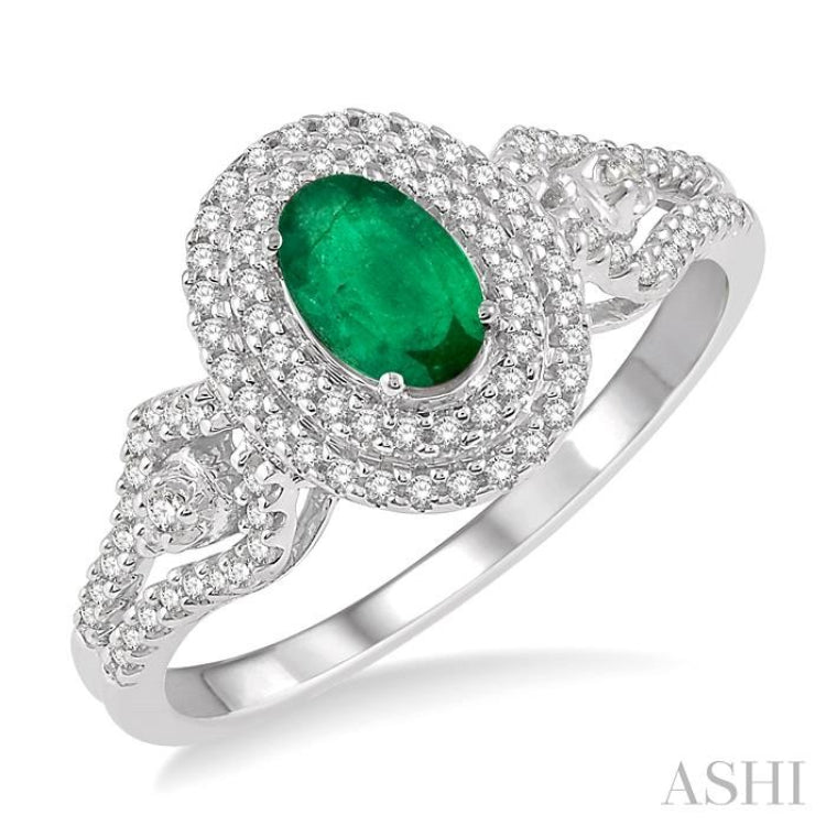 1/3 Ctw Oval Shape 6x4 MM Emerald & Round Cut Diamond Precious Ring in 14K White Gold