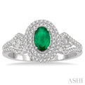 1/3 Ctw Oval Shape 6x4 MM Emerald & Round Cut Diamond Precious Ring in 14K White Gold