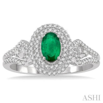 1/3 Ctw Oval Shape 6x4 MM Emerald & Round Cut Diamond Precious Ring in 14K White Gold