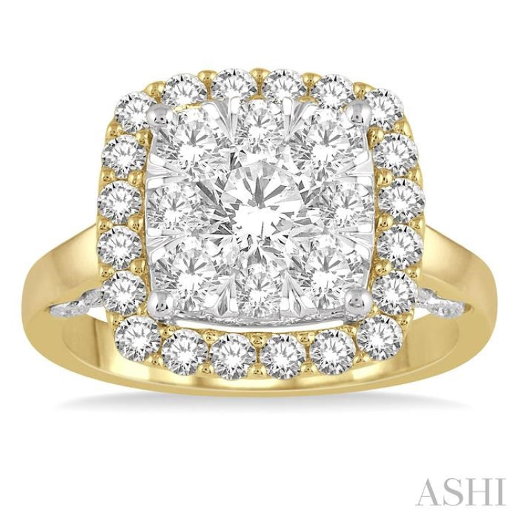 2 Ctw Cushion Shape Lovebright Round Cut Diamond Cluster Ring in 14K Yellow and white gold