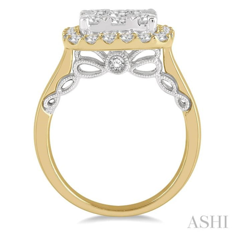 2 Ctw Cushion Shape Lovebright Round Cut Diamond Cluster Ring in 14K Yellow and white gold