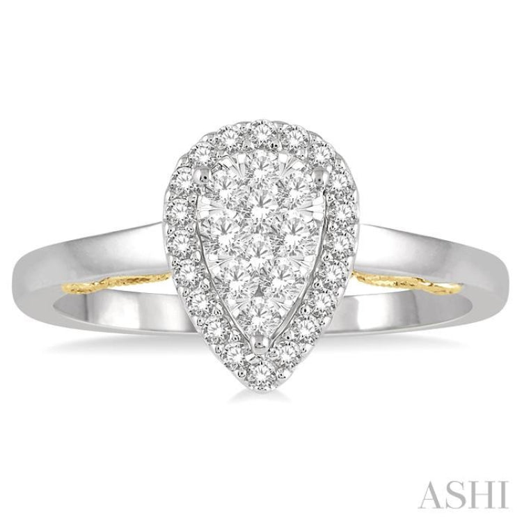 1/3 Ctw Pear Shape Lovebright Round Cut Diamond Ring in 14K White and Yellow Gold