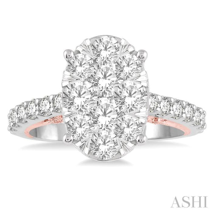 2 Ctw Oval Shape Lovebright Round Cut Diamond Ring in 14K White and Rose Gold