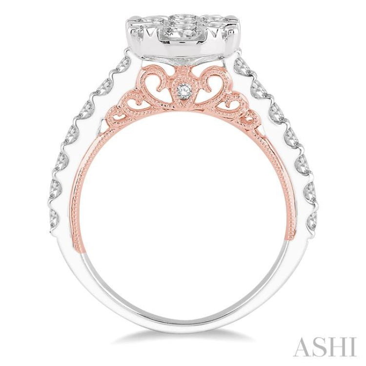 2 Ctw Oval Shape Lovebright Round Cut Diamond Ring in 14K White and Rose Gold