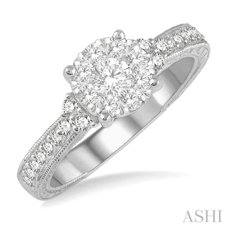 5/8 Ctw Round Shape Lovebright Diamond Cluster Ring in 14K White Gold