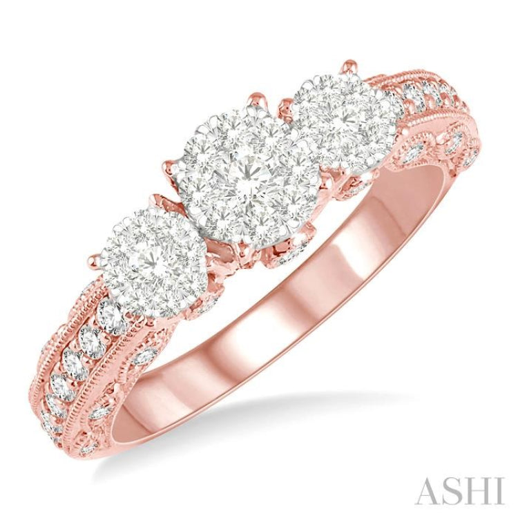 3/4 ctw Tri-Mount Lovebright Round Cut Diamond Ring in 14K Rose & White Gold