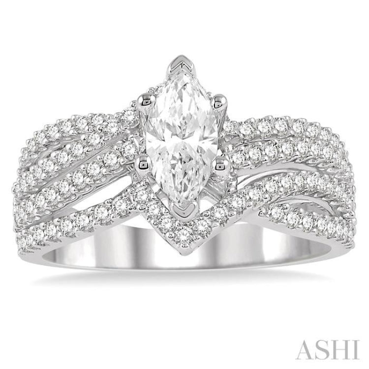 3/4 ctw Marquise Split Shank Semi-Mount Round Cut Diamond Engagement Ring in 14K White Gold