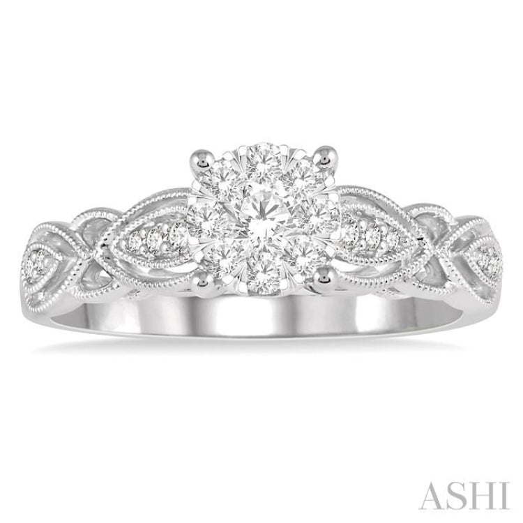 3/8 ctw Circular Mount Marquise Lattice Lovebright Round Cut Diamond Ring in 14K White Gold