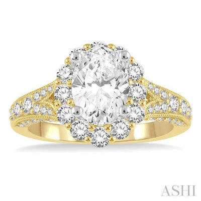 1 1/10 ctw Split Shank Oval Semi-Mount Round Cut Diamond Ring in 14K Yellow and White Gold