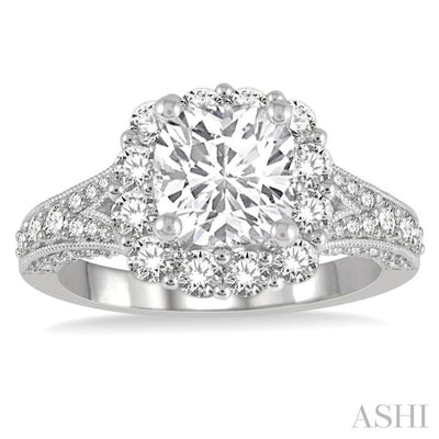 1 1/10 ctw Split Shank Cushion Shape Semi-Mount Round Cut Diamond Ring in 14K White Gold