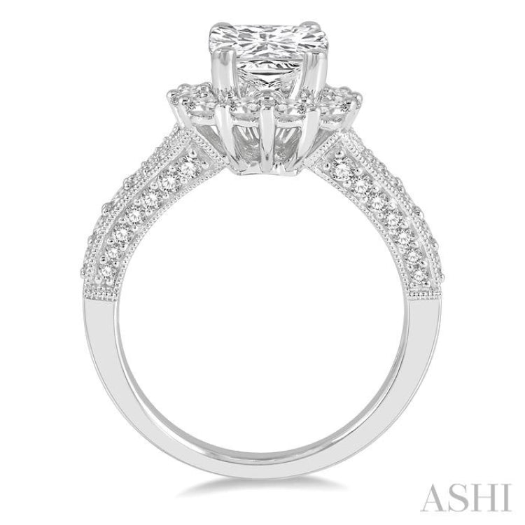 1 1/10 ctw Split Shank Cushion Shape Semi-Mount Round Cut Diamond Ring in 14K White Gold
