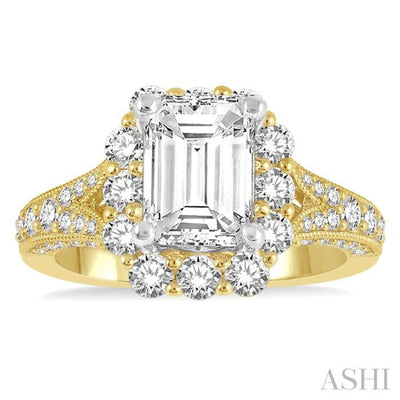 1 1/6 ctw Split Shank Emerald Semi Mount Round Cut Diamond Ring in 14K Yellow and White Gold