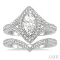 7/8 ctw Round Cut Diamond Wedding Set With 3/4 ctw Marquise Cut Engagement Ring and 1/6 ctw V-Shape Center Wedding Band in 14K White Gold