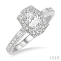 3/4 ctw Oval, Baguette and Round Cut Diamond Ladies Engagement Ring with 3/8 Ct Oval Cut Center Stone in 14K White Gold