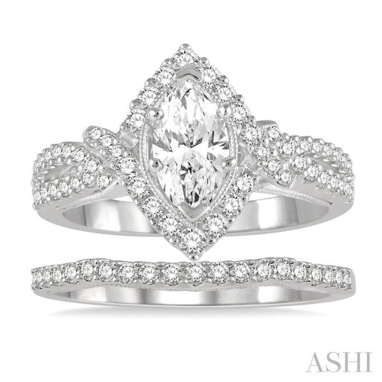 1 ctw Round Cut Diamond Wedding Set With 3/4 ctw Marquise Cut Split Shank Engagement Ring and 1/5 ctw Wedding Band in 14K White Gold