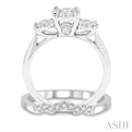 5/8 ctw Lovebright Round Cut Diamond Wedding Set With 1/2 ctw Circular Tri-Head Engagement Ring and 1/10 ctw Tri-Wave Wedding Band in 14K White Gold