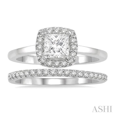 3/8 Ctw Diamond Wedding Set With 1/3 ct Halo Round Cut & 1/4 ct Princess Cut Engagement Ring and 1/10 ct Wedding Band in 14K White Gold