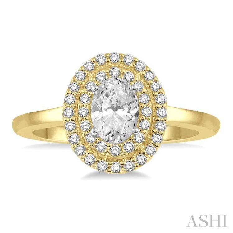 1/2 Ctw Twin Halo Round Cut Diamond Engagement Ring With 1/4 ct Oval Cut Center Stone in 14K Yellow and White Gold