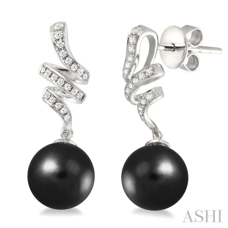9x9MM Black Cultured Pearls and 1/5 Ctw Round Cut Diamond Earrings in 14K White Gold