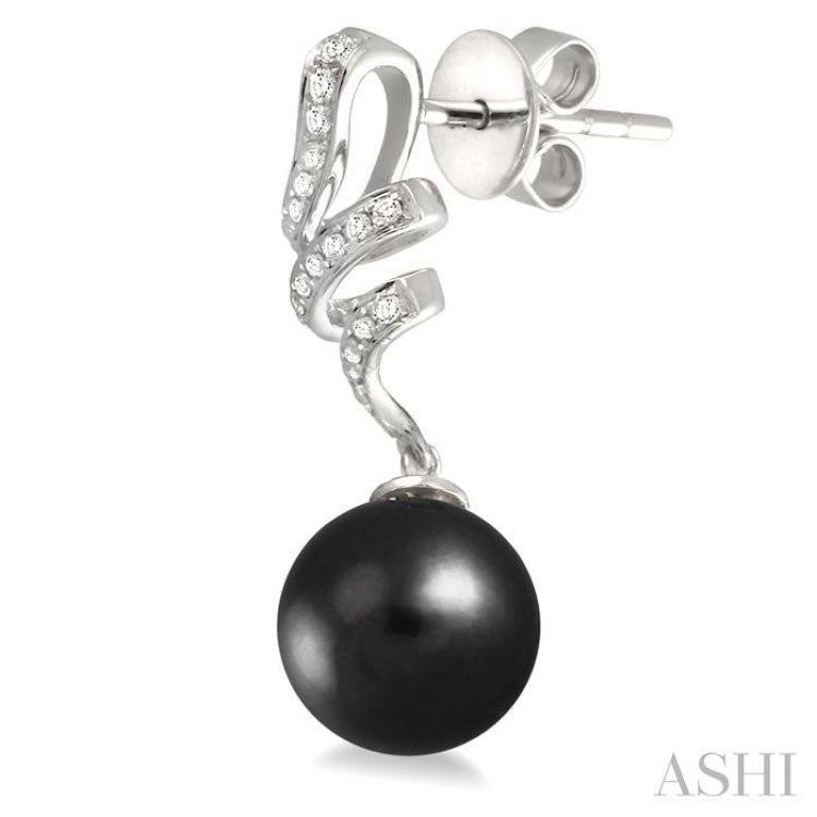 9x9MM Black Cultured Pearls and 1/5 Ctw Round Cut Diamond Earrings in 14K White Gold