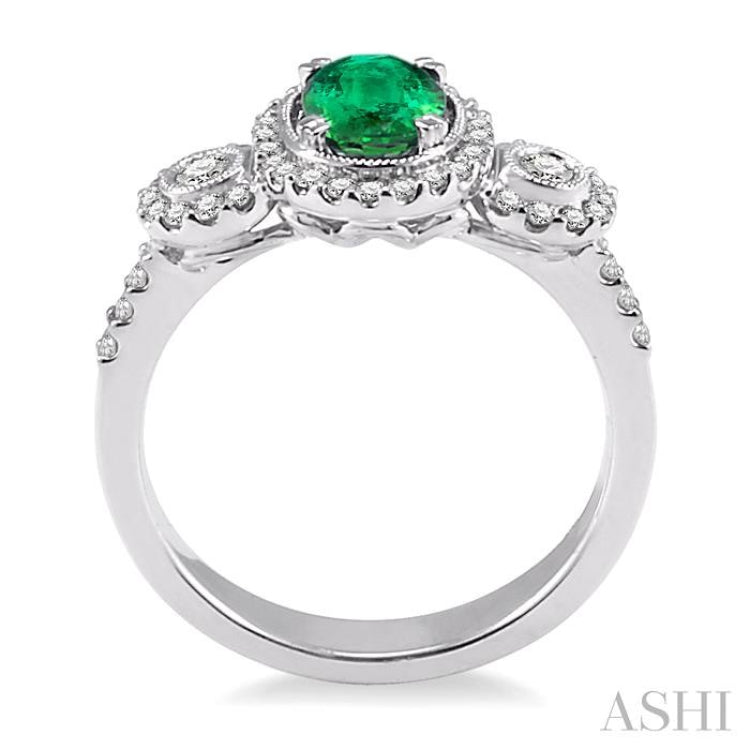 7x5MM Oval Cut Emerald and 1/2 Ctw Round Cut Diamond Ring in 14K White Gold