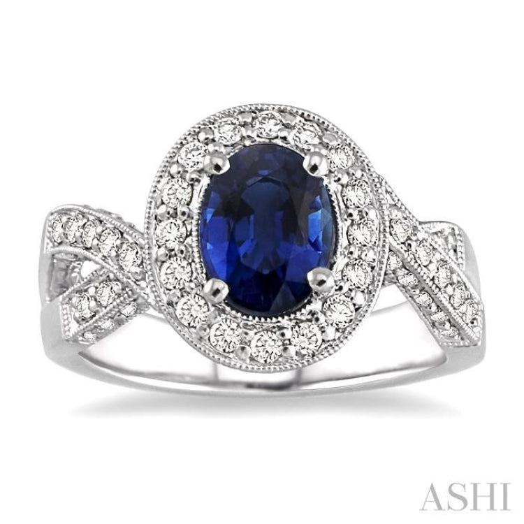 8x6mm Oval Cut Sapphire and 3/4 Ctw Round Cut Diamond Ring in 14K White Gold