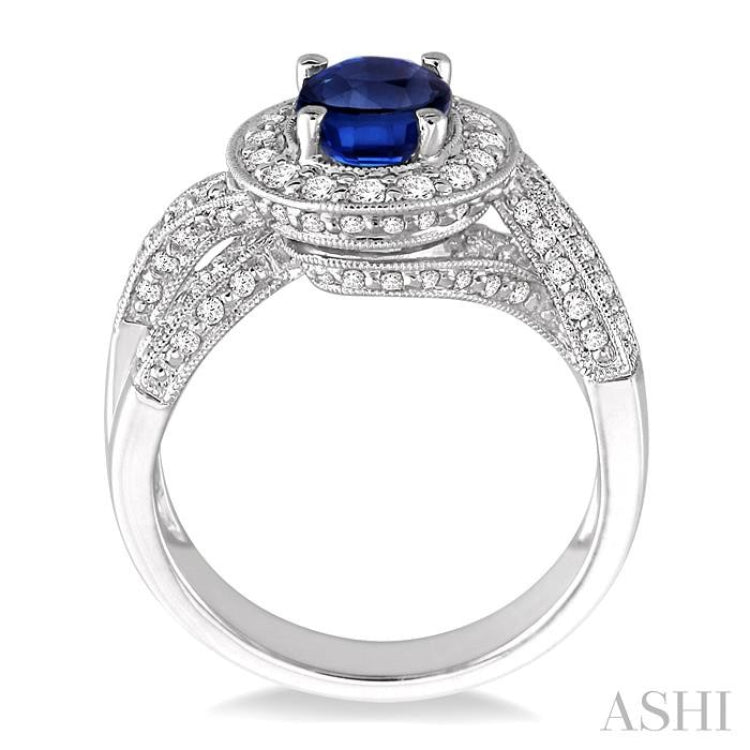 8x6mm Oval Cut Sapphire and 3/4 Ctw Round Cut Diamond Ring in 14K White Gold