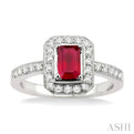 6x4MM Octagon Cut Ruby and 1/3 Ctw Round Cut Diamond Ring in 18K White Gold
