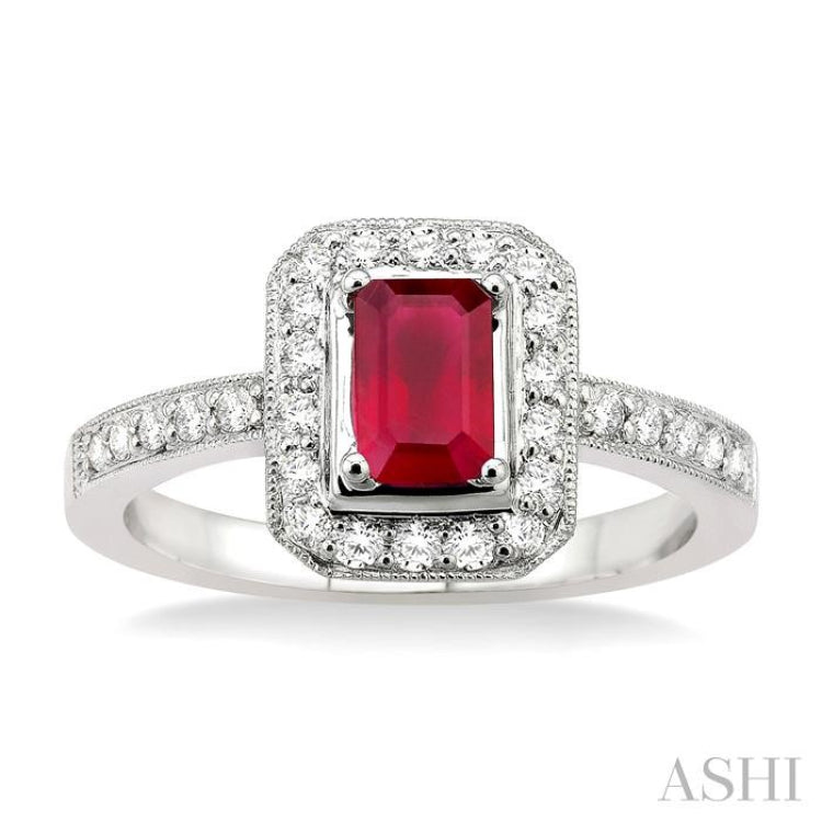 6x4MM Octagon Cut Ruby and 1/3 Ctw Round Cut Diamond Ring in 18K White Gold