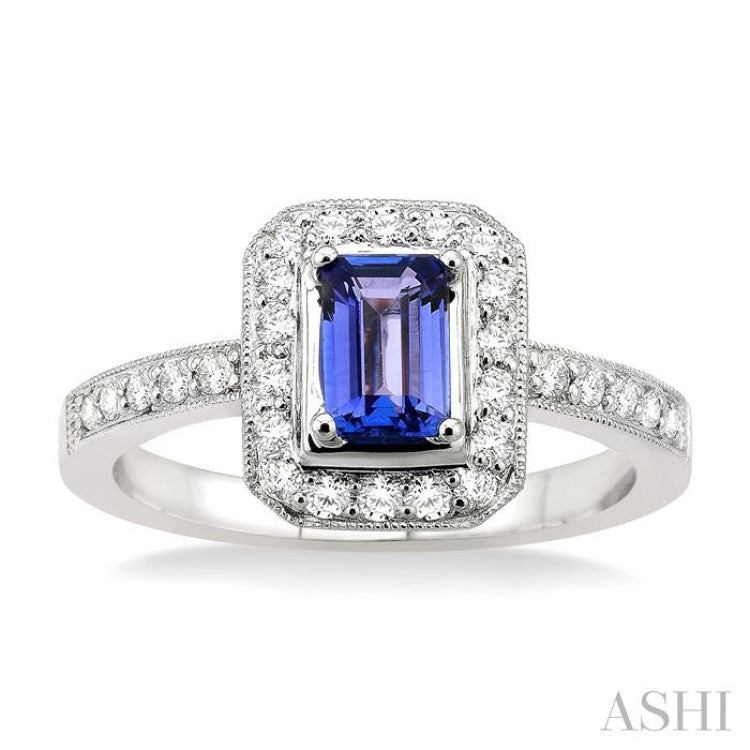 6x4MM Octagon Cut Tanzanite and 1/3 Ctw Round Cut Diamond Ring in 18K White Gold