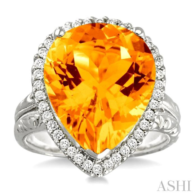 16x13mm Pear Shape Citrine and 1/3 Ctw Round Cut Diamond Ring in 14K White Gold