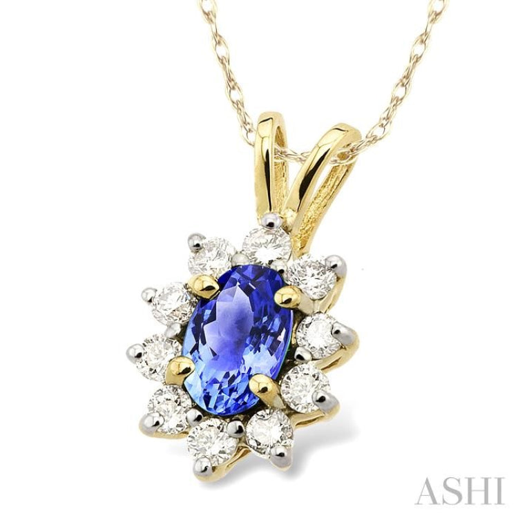 6x4MM Oval Cut Tanzanite and 1/4 Ctw Round Cut Diamond Pendant in 14K Yellow Gold with Chain