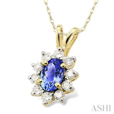 6x4MM Oval Cut Tanzanite and 1/4 Ctw Round Cut Diamond Pendant in 14K Yellow Gold with Chain