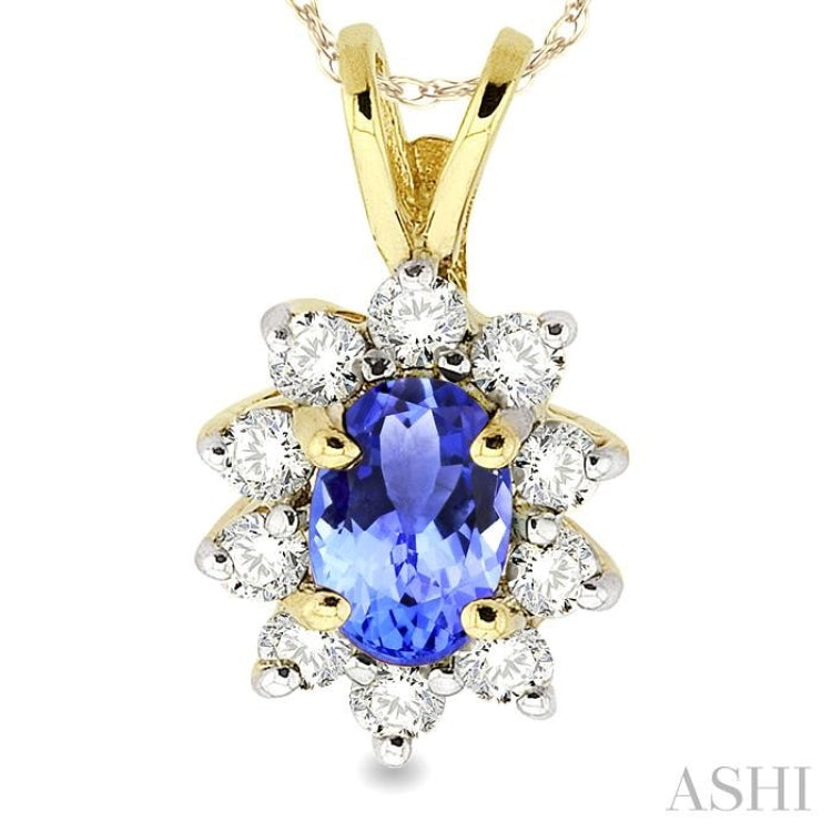 6x4MM Oval Cut Tanzanite and 1/4 Ctw Round Cut Diamond Pendant in 14K Yellow Gold with Chain