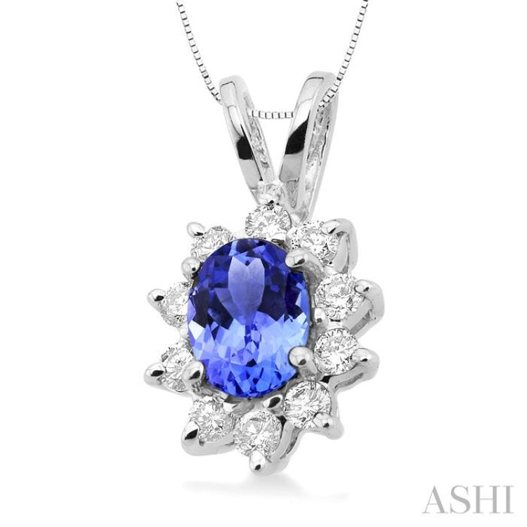 7x5MM Oval Cut Tanzanite and 1/3 Ctw Round Cut Diamond Pendant in 14K White Gold with Chain