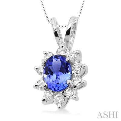 7x5MM Oval Cut Tanzanite and 1/3 Ctw Round Cut Diamond Pendant in 14K White Gold with Chain