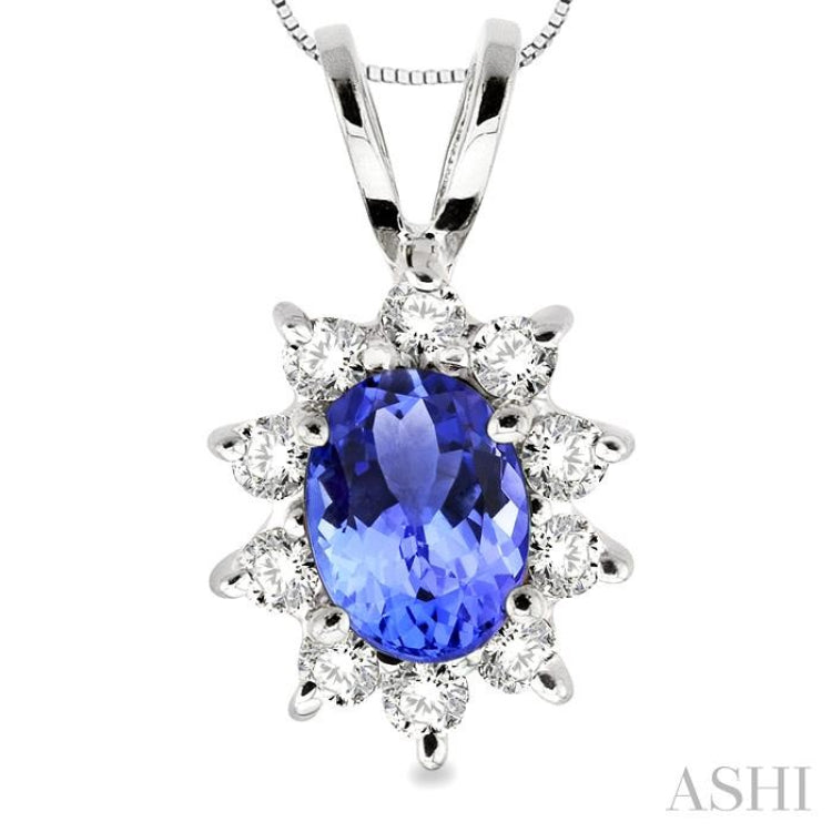 7x5MM Oval Cut Tanzanite and 1/3 Ctw Round Cut Diamond Pendant in 14K White Gold with Chain