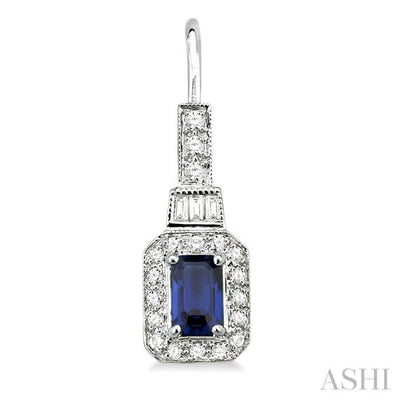 6x4 MM Octagon Cut Sapphire and 1/2 Ctw Baguette and Round Cut Diamond Earrings in 14K White Gold