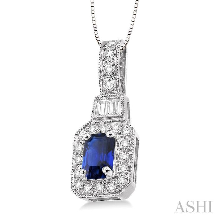 7x5 MM Octagon Cut Sapphire and 1/2 Ctw Round and Baguette Cut Diamond Pendant in 14K White Gold with Chain