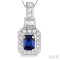 7x5 MM Octagon Cut Sapphire and 1/2 Ctw Round and Baguette Cut Diamond Pendant in 14K White Gold with Chain