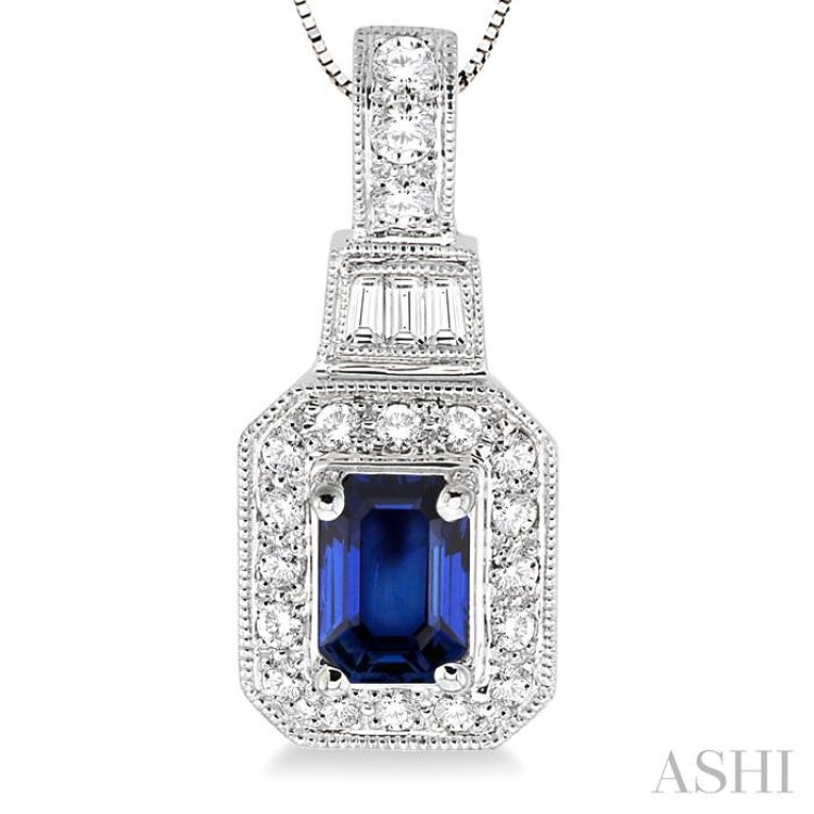 7x5 MM Octagon Cut Sapphire and 1/2 Ctw Round and Baguette Cut Diamond Pendant in 14K White Gold with Chain