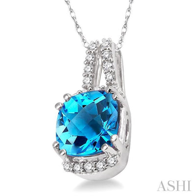 8x8 MM Cushion Cut Blue Topaz and 1/5 Ctw Round Cut Diamond Pendant in 14K White Gold with Chain