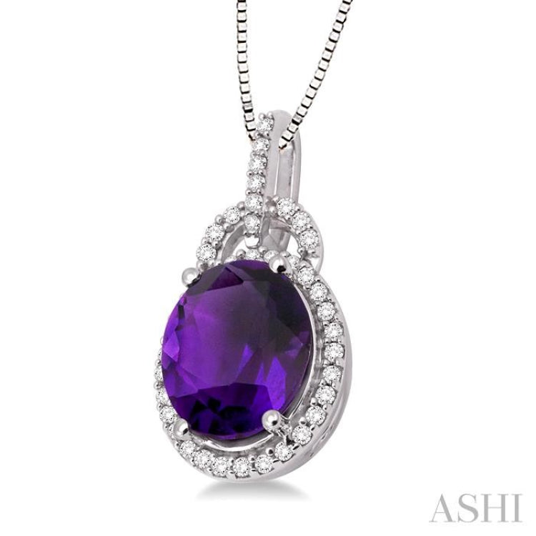 11x9 MM Oval Cut Amethyst and 1/3 Ctw Round Cut Diamond Pendant in 14K White Gold with Chain