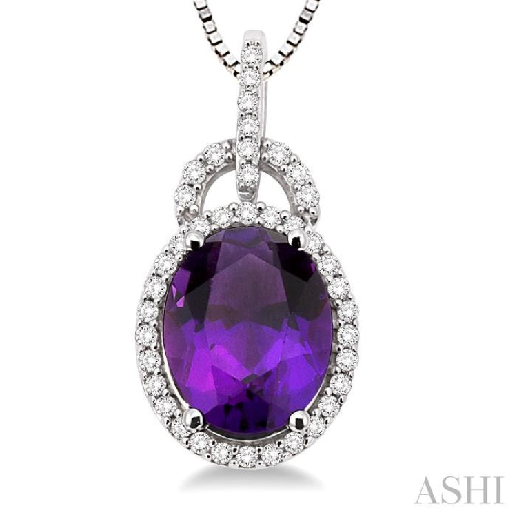 11x9 MM Oval Cut Amethyst and 1/3 Ctw Round Cut Diamond Pendant in 14K White Gold with Chain