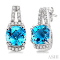 7x7 MM Cushion Cut Blue Topaz and 1/4 Ctw Round Cut Diamond Earrings in 14k White Gold