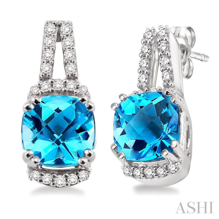 7x7 MM Cushion Cut Blue Topaz and 1/4 Ctw Round Cut Diamond Earrings in 14k White Gold